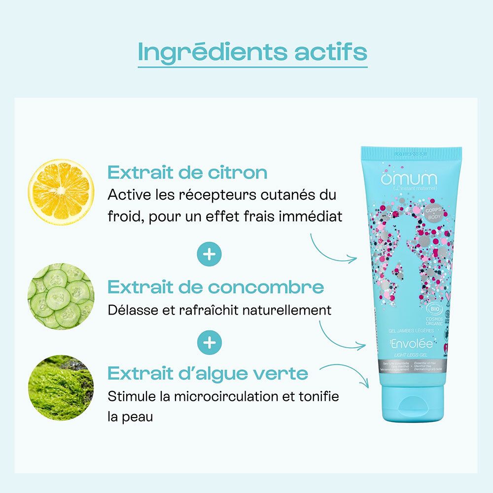 Tube de gel Omum L'Envolée avec extraits de citron, concombre et algues.