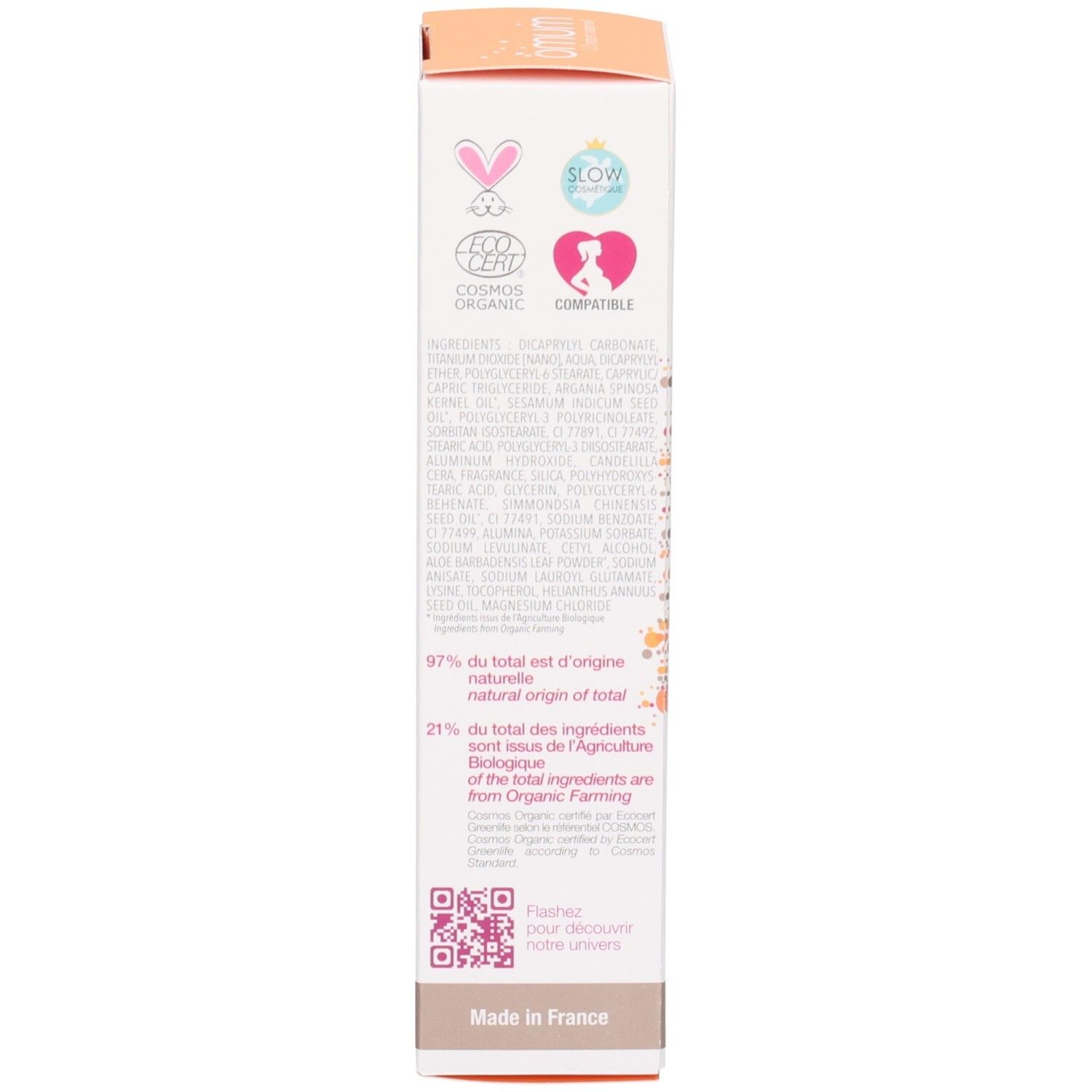 OMUM MA PROTECT JOLI TEINT : Boîte avec sceaux (ECO CERT, COSMOS ORGANIC) et code QR.
