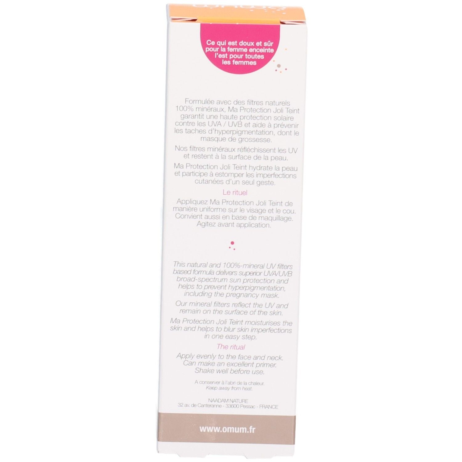 OMUM MA PROTECT JOLI TEINT : Arrière de l'emballage avec instructions d'utilisation et ingrédients.