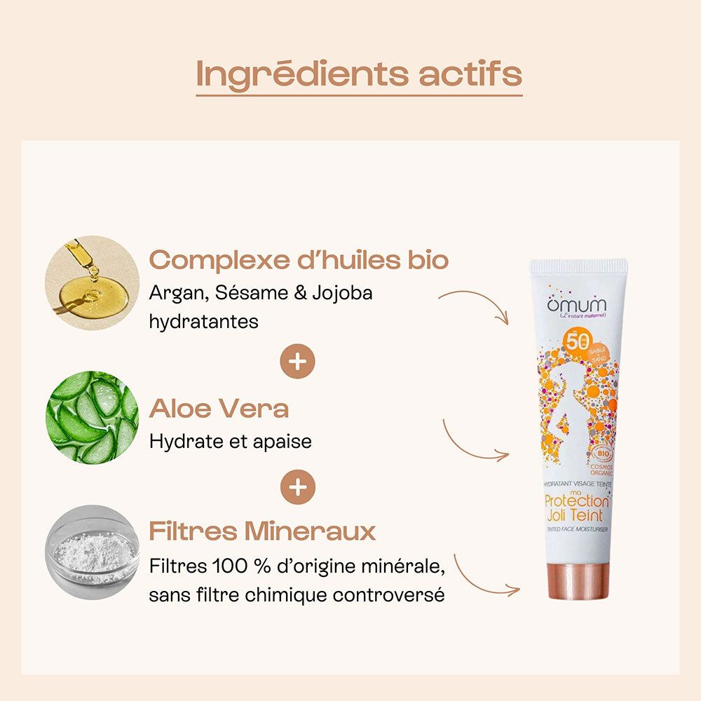 OMUM MA PROTECT JOLI TEINT : Huiles bio, Aloe Vera, filtres minéraux comme actifs.
