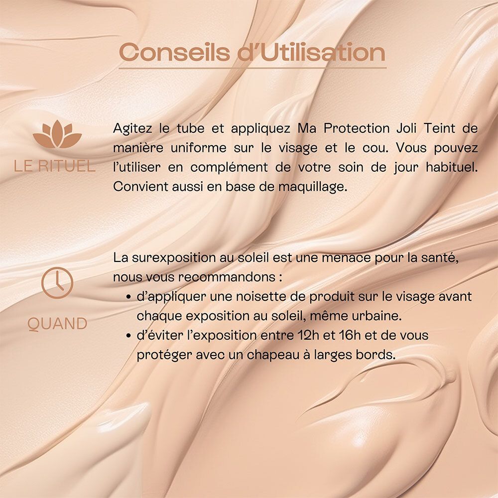 Conseils d'utilisation d'OMUM MA PROTECT JOLI TEINT : Agiter et appliquer uniformément.
