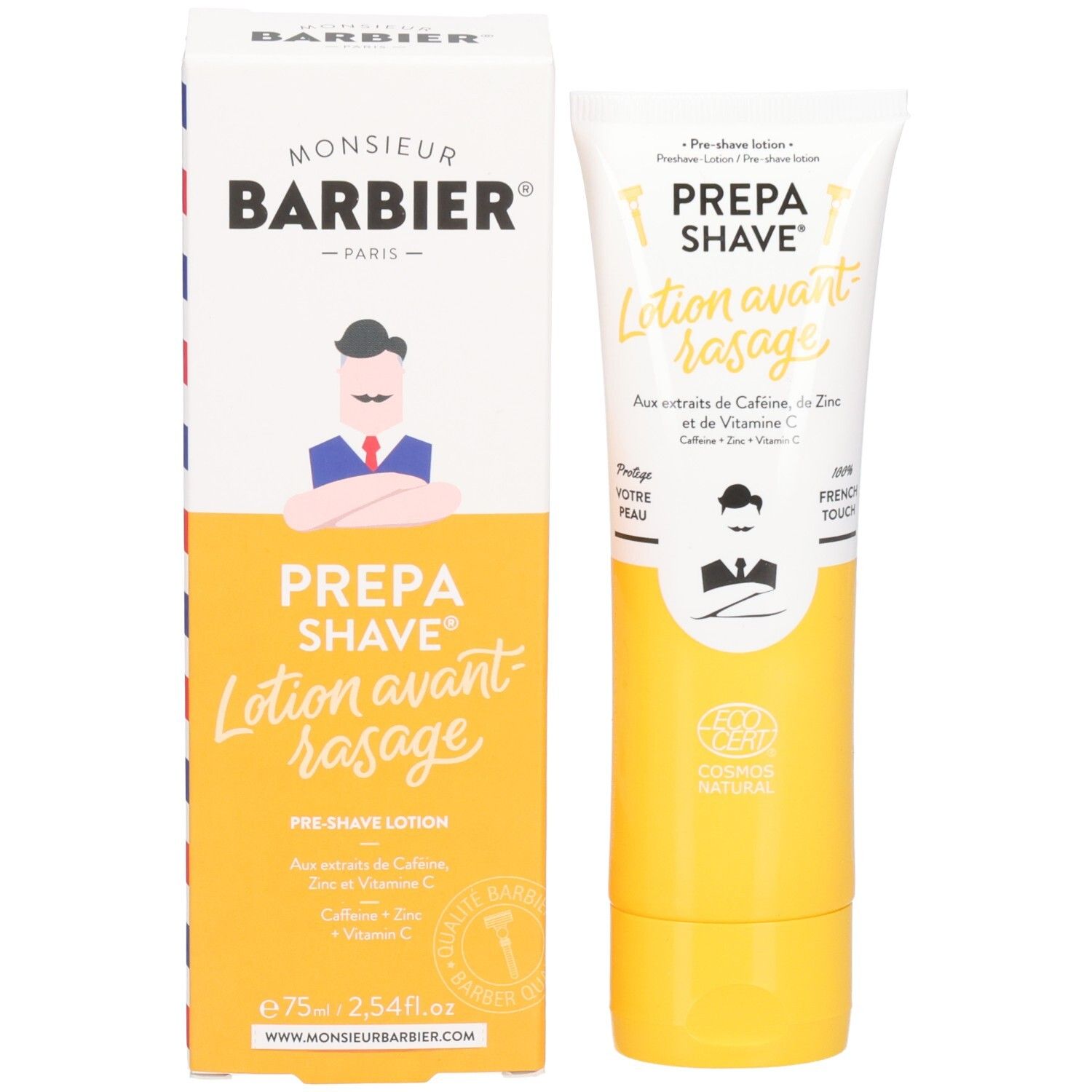 Tube et boîte jaunes PREPA SHAVE Lotion avant rasage. Logo Monsieur BARBIER. Contient caféine, zinc et vitamine C. Certifié COSMOS NATURAL.