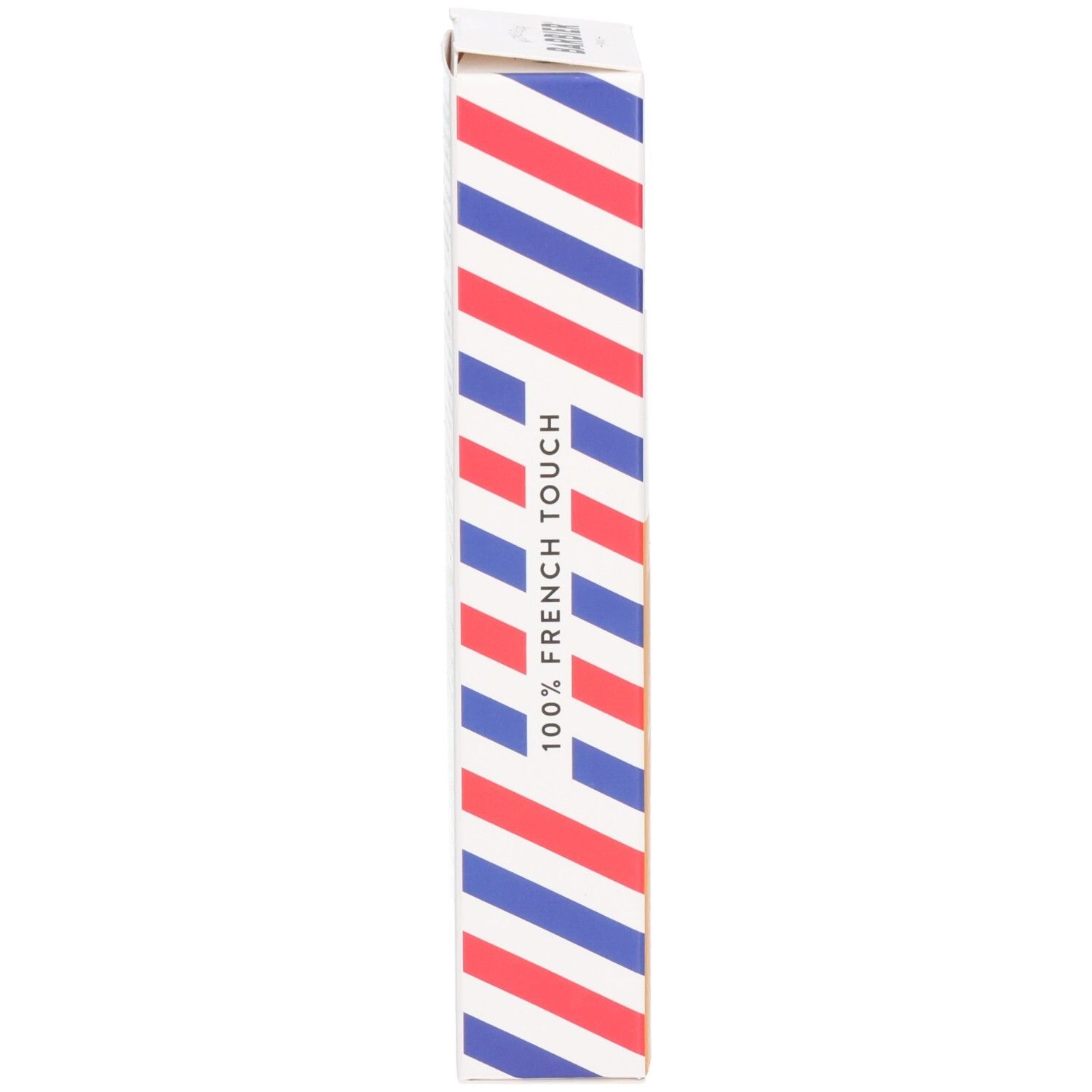 Boîte fine et allongée avec rayures rouges et bleues. Inscription: 100% FRENCH TOUCH. Logo Monsieur BARBIER en haut.