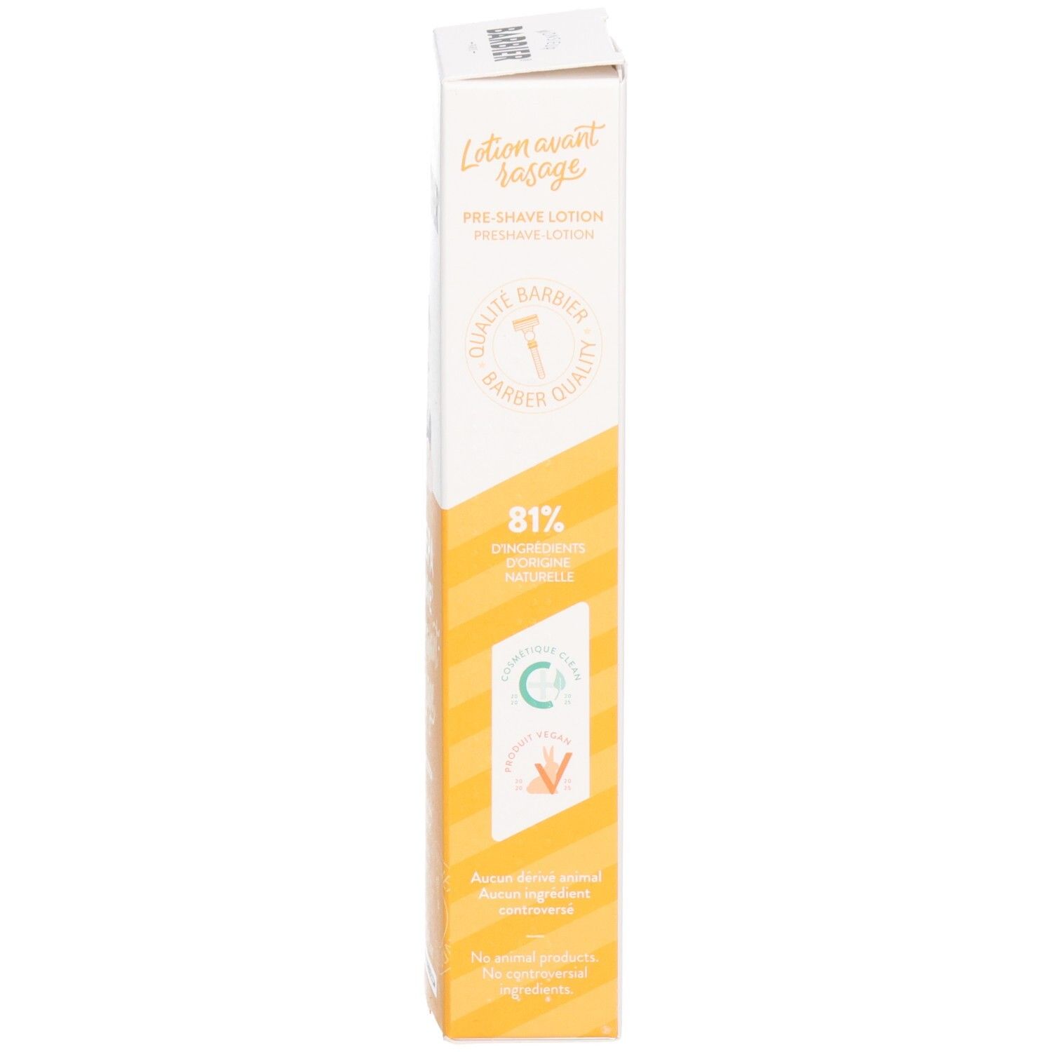 Boîte avec fond jaune et impressions. Logo Monsieur BARBIER. Certifications et pourcentage: 81% ingrédients d'origine naturelle.
