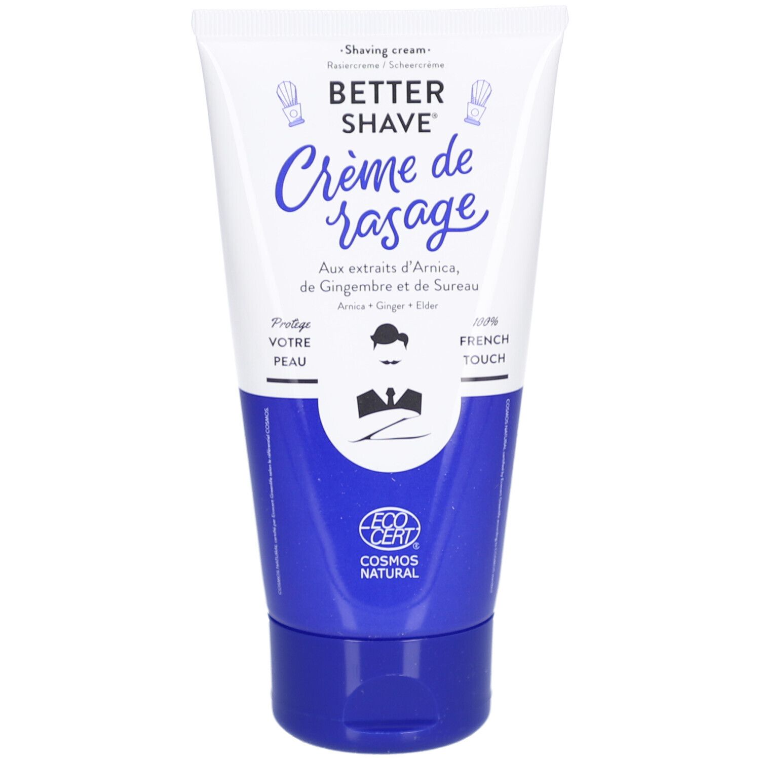 Tube blanc et bleu. Inscription: Better Shave Crème de rasage. Contient extraits d'Arnica, Gingembre et Sureau. Certifié Ecocert Cosmos Natural.