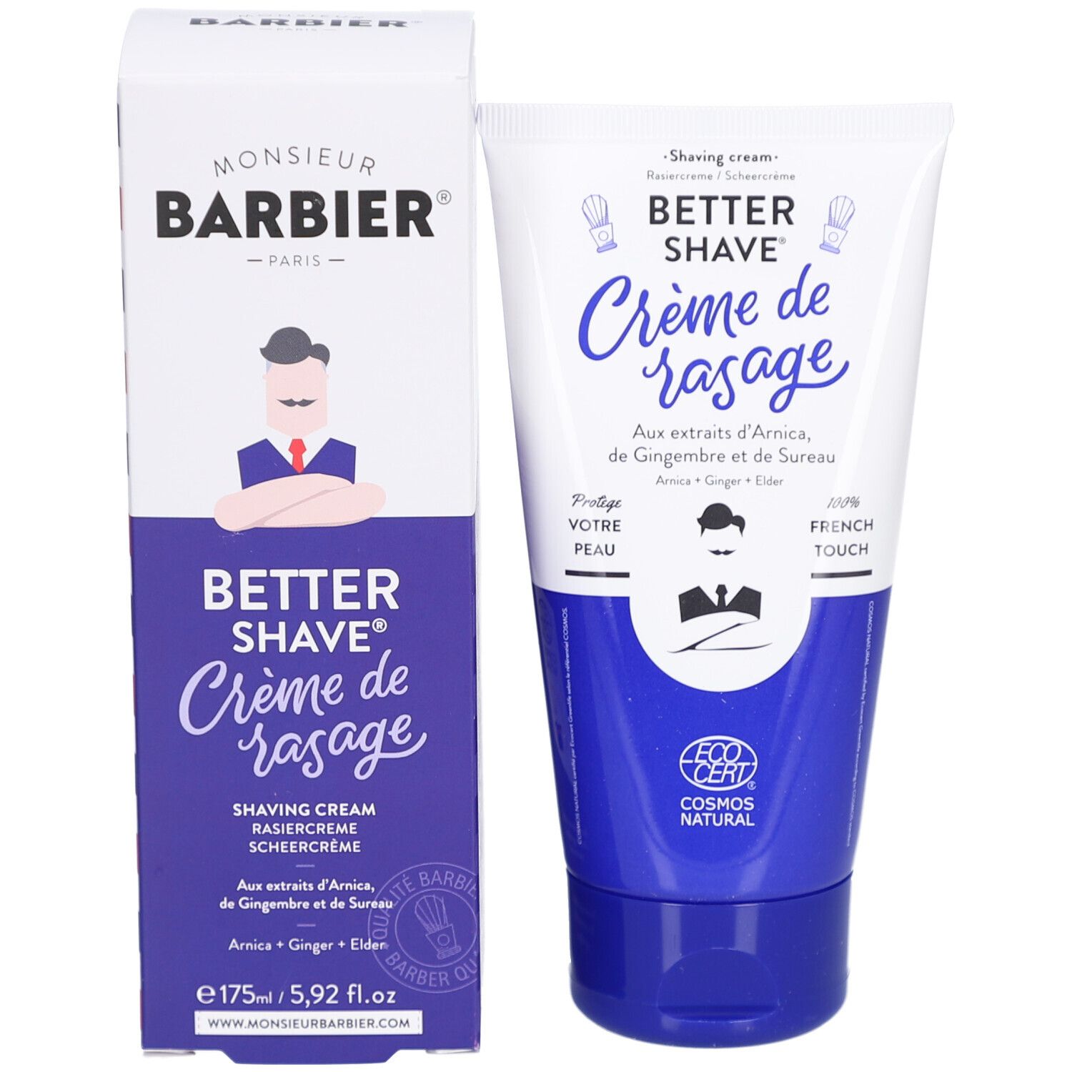 Produit et emballage. Boîte Monsieur BARBIER et tube Better Shave Crème de rasage. Contient Arnica, Gingembre et Sureau. 175ml.