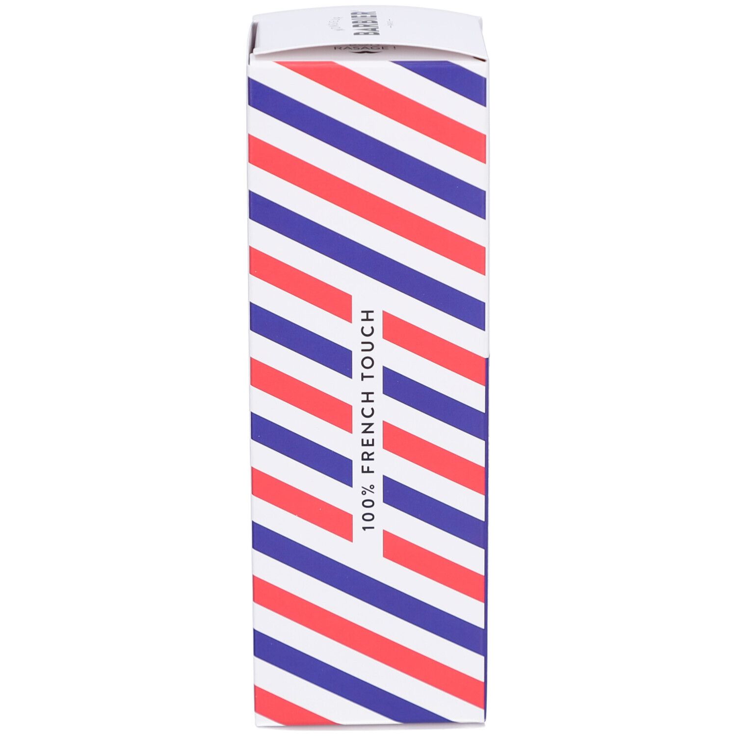 Emballage. Boîte Monsieur BARBIER. Rayures rouges et bleues. Inscription: 100% French Touch.