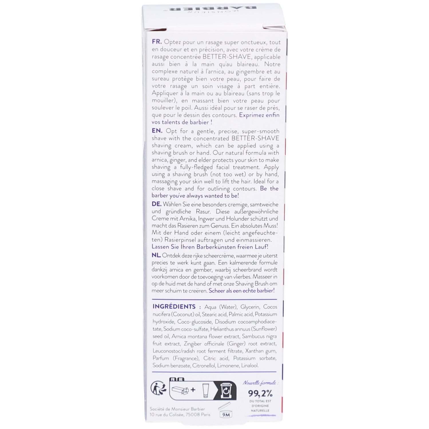 Dos de l'emballage. Texte multilingue. Informations sur l'utilisation et les ingrédients. Vegan, sans cruauté.