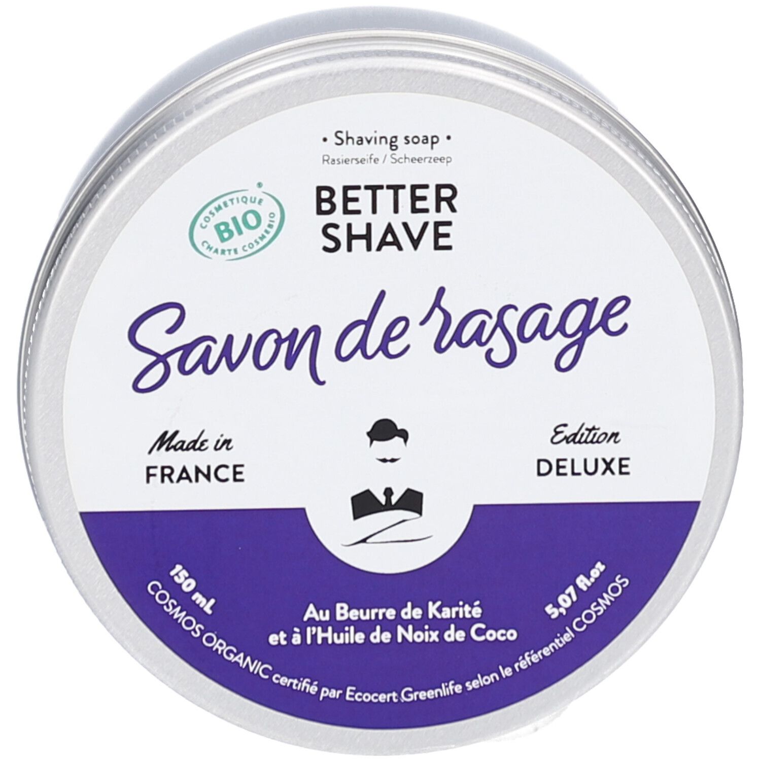 Savon de rasage en boîte ronde. Inscriptions: Better Shave, Savon de rasage, Made in France, Cosmos Organic. Certification bio.