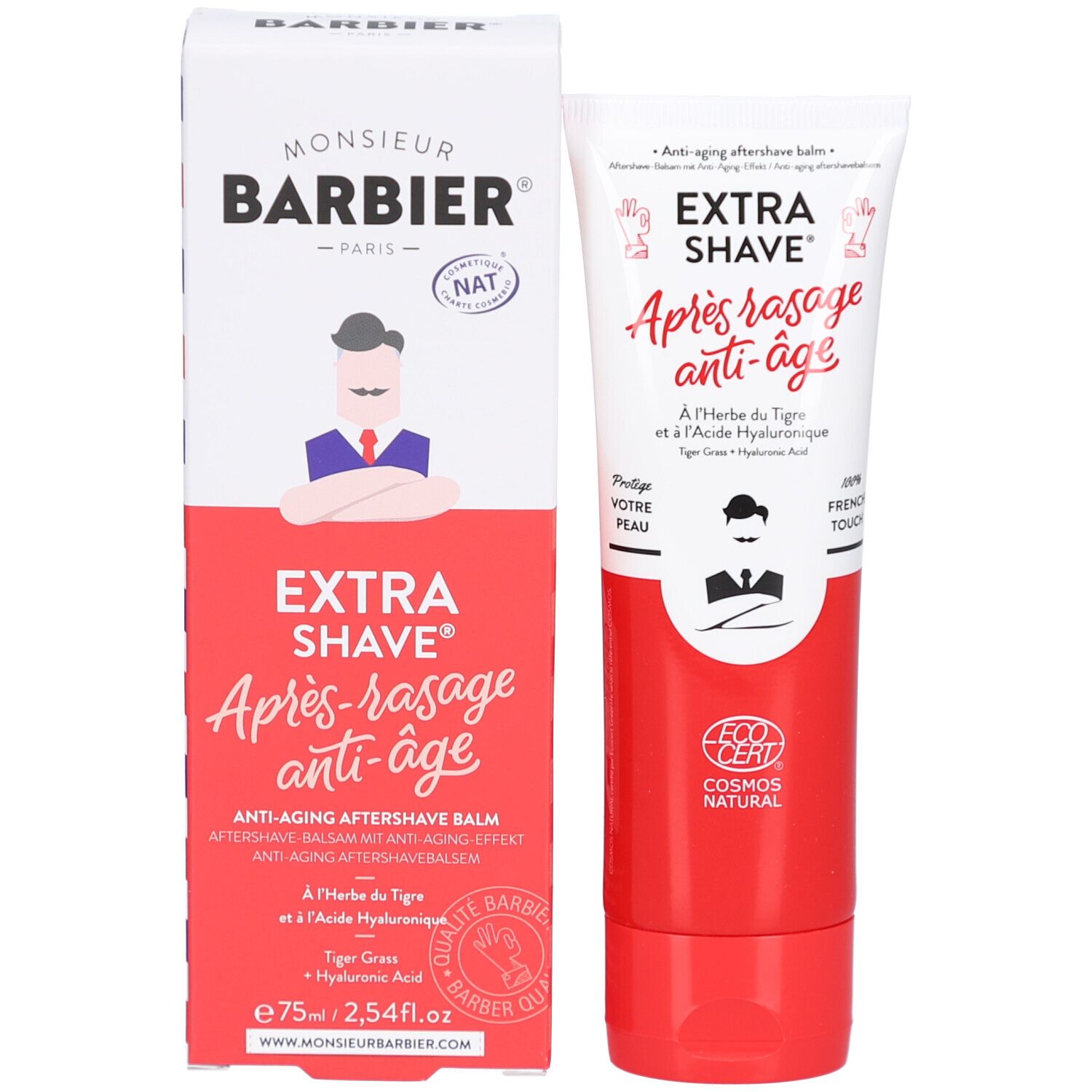 Emballage du produit. Tube et boîte. Inscription: EXTRA SHAVE, Après rasage anti-âge. Logo: Homme avec moustache. Certification: COSMOS NATURAL.