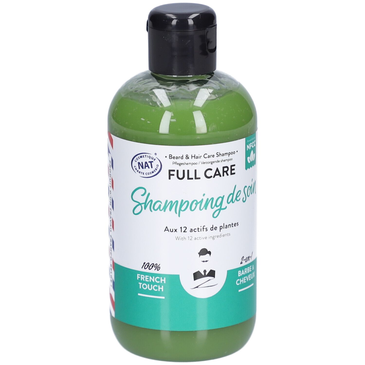 Shampoo vert en flacon transparent à bouchon noir. Inscription: FULL CARE, 2-en-1 Shampooing barbe et cheveux.