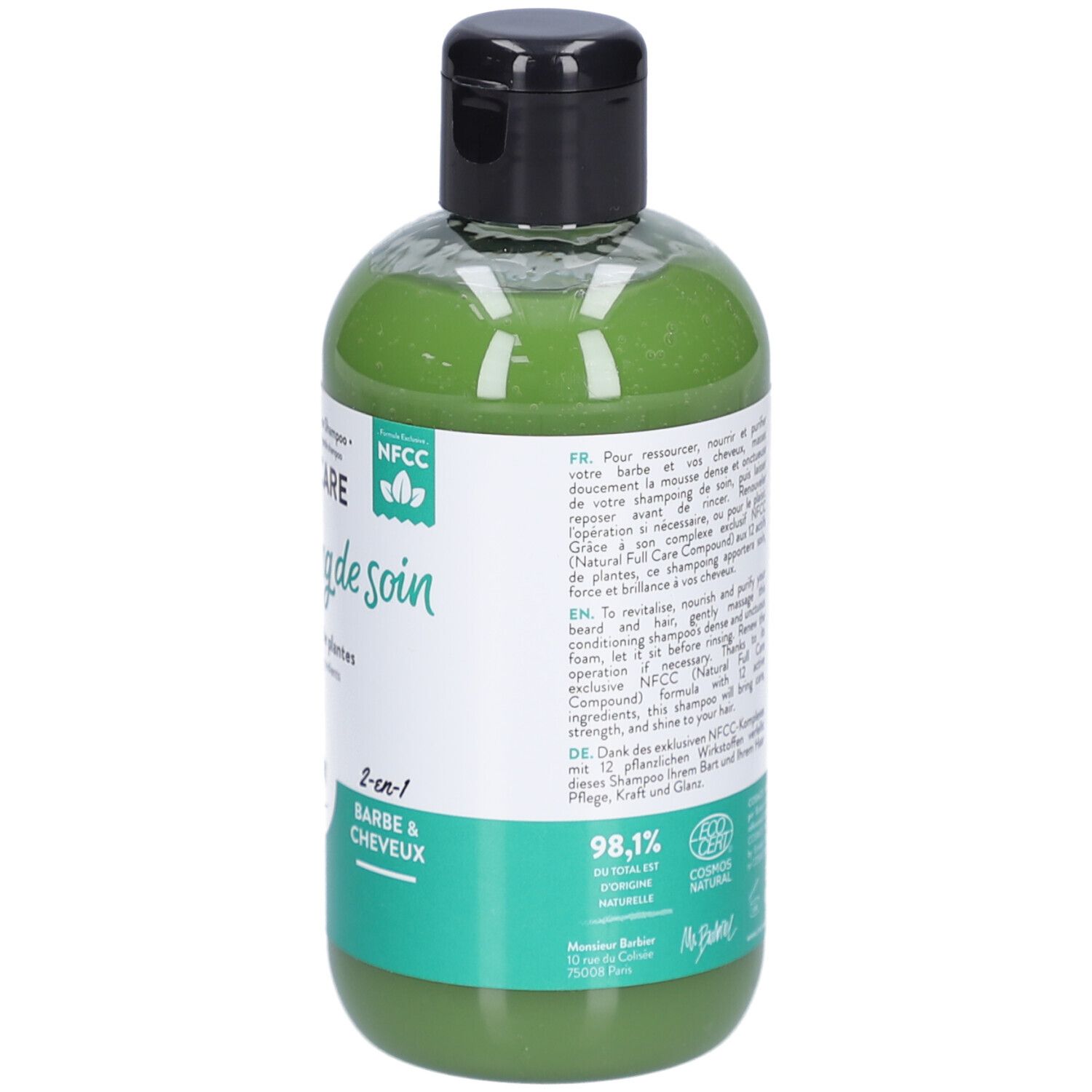 Dos du flacon de shampooing. Texte avec ingrédients et instructions d'utilisation. Certifications. 98,1% naturel.