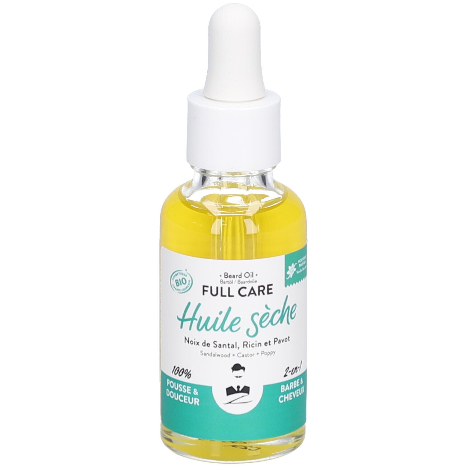 Flacon en verre avec huile jaune et pipette. Inscription : BIO, Huile sèche, Noix de Santal, Ricin et Pavot, 2-en-1 Barbe & Cheveux.