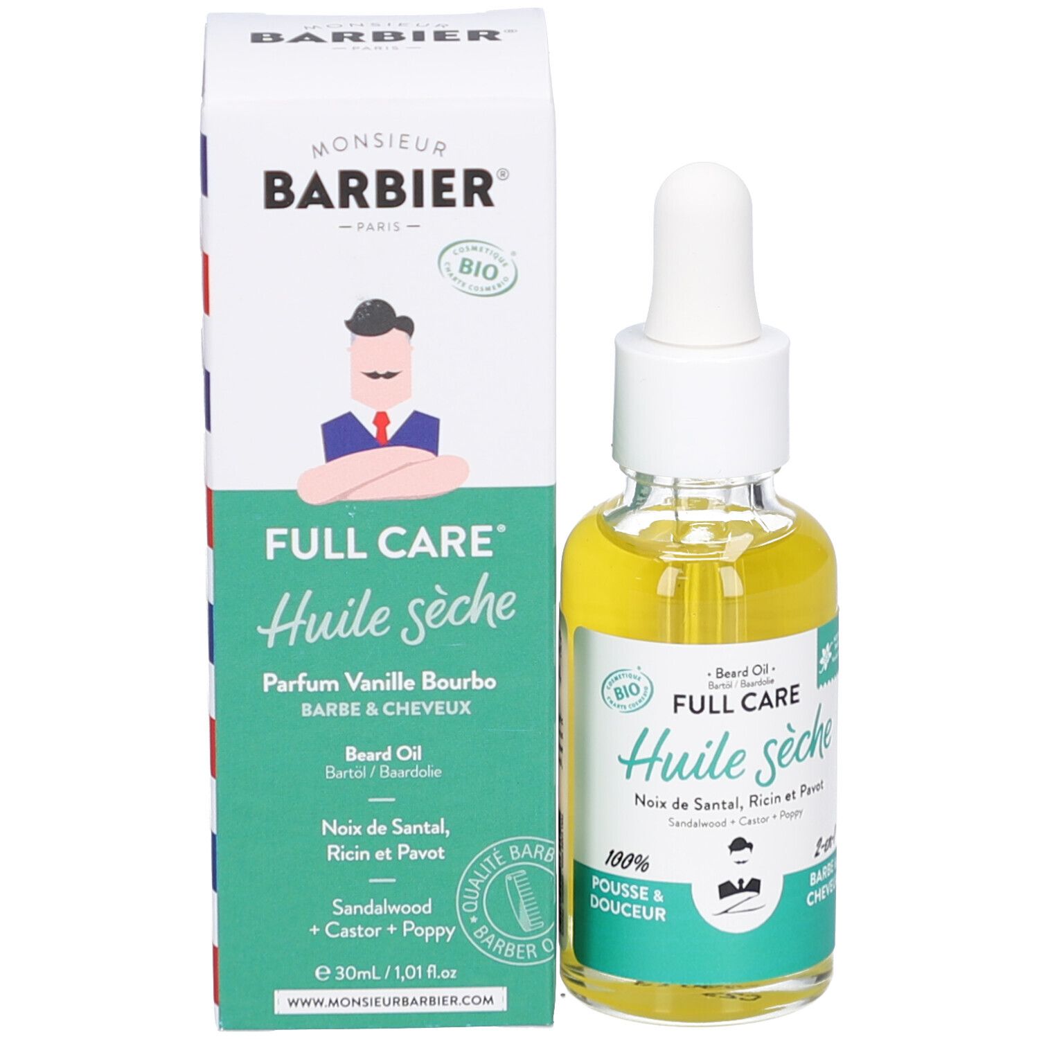 Flacon et emballage du produit. Inscription : Monsieur BARBIER, Huile sèche, Parfum Vanille Bourbo, Barbe & Cheveux, 30ml.