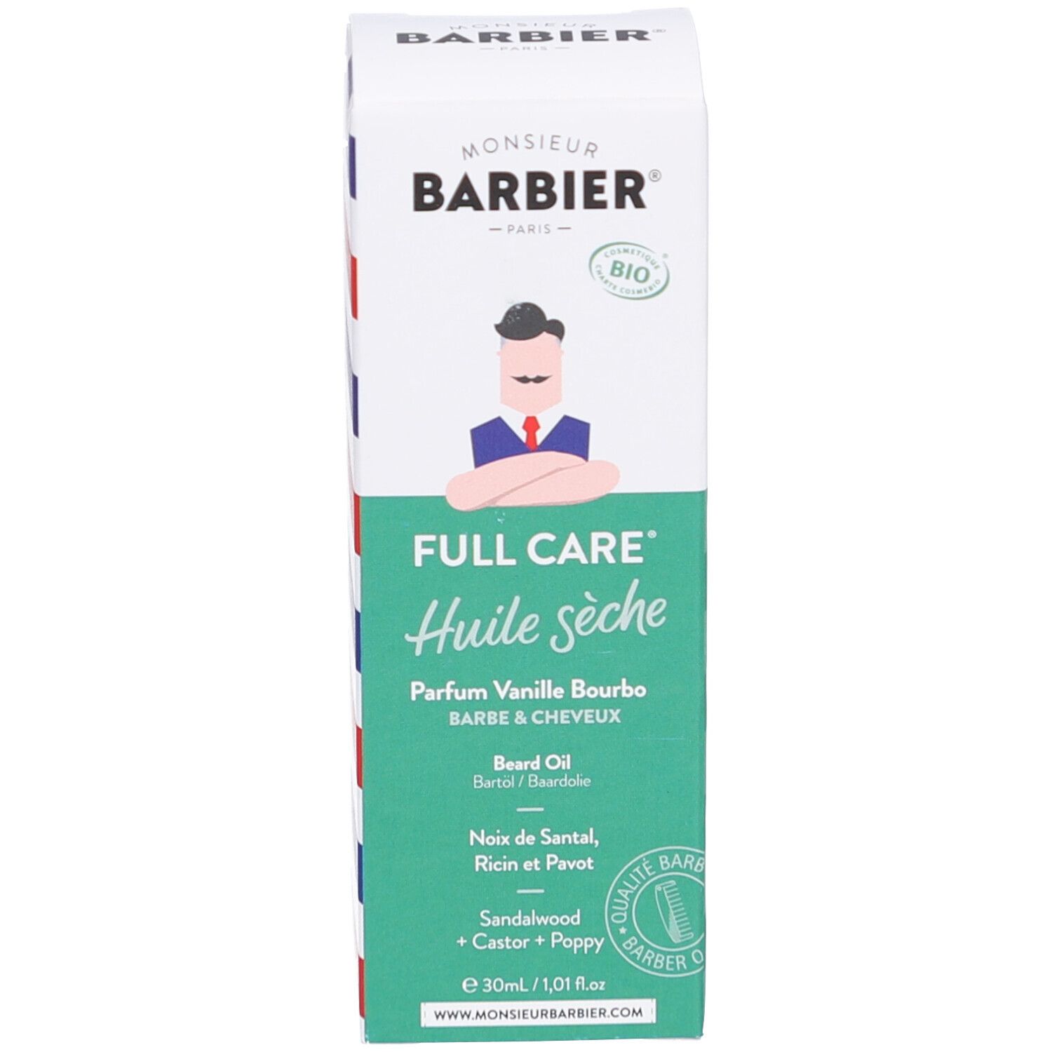 Emballage du produit. Inscription : Monsieur BARBIER, Huile sèche, Parfum Vanille Bourbo, Barbe & Cheveux, 30ml.