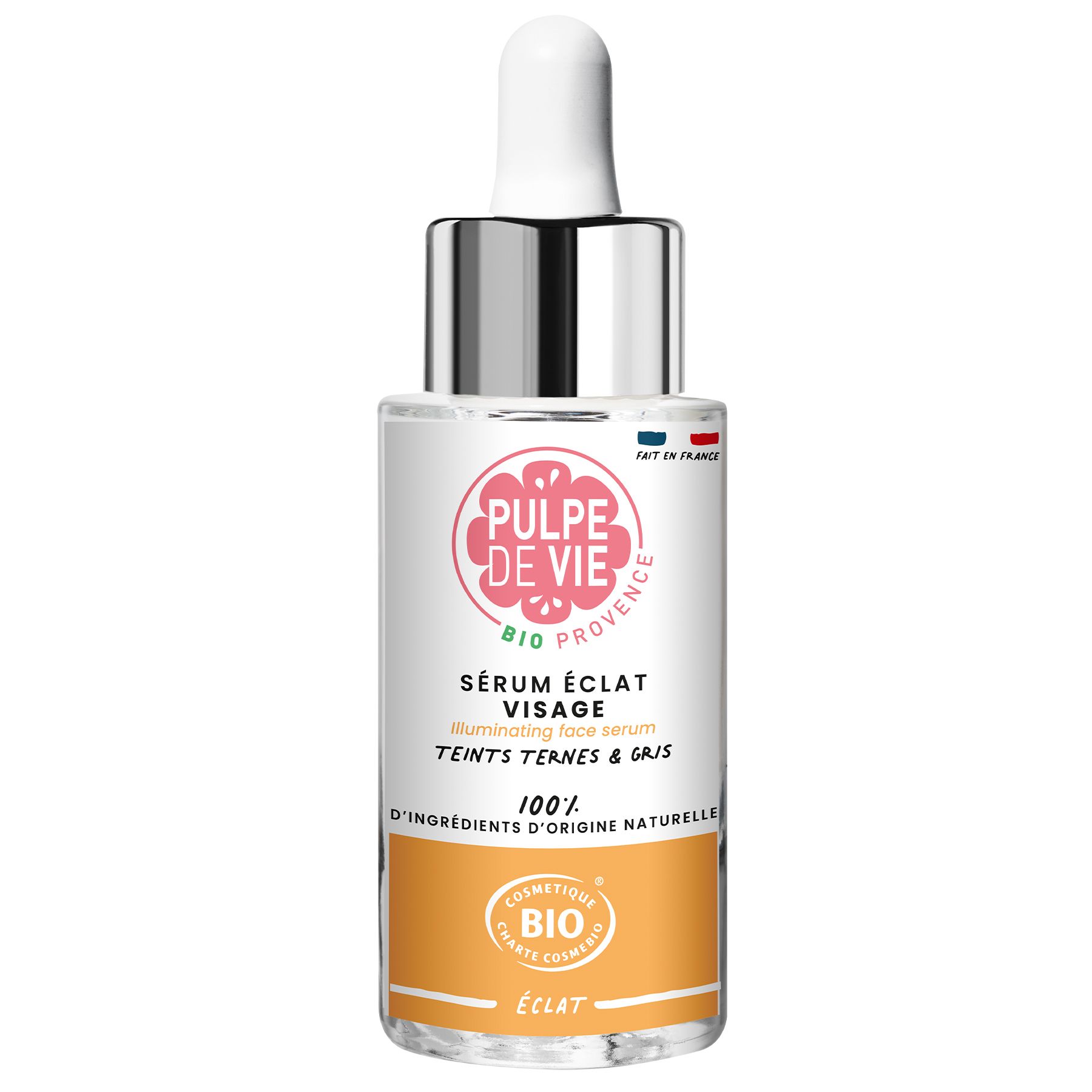 Sérum visage avec pipette. Inscription: PULPE DE VIE, Sérum éclat visage, 100% ingrédients d'origine naturelle. Certification bio.