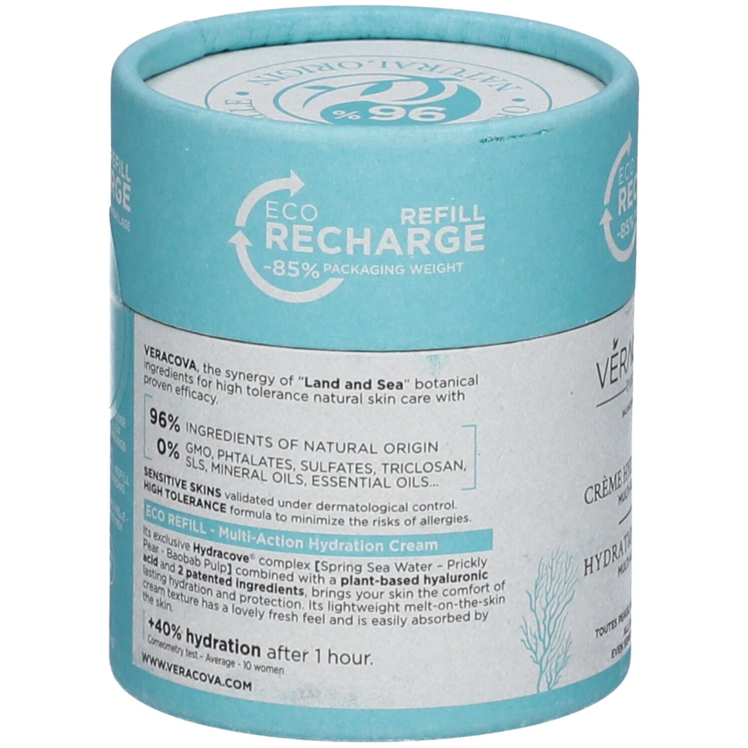 Emballage cylindrique. Texte: Eco Recharge, -85% de poids d'emballage. Ingrédients: 96% d'origine naturelle. Peaux sensibles.