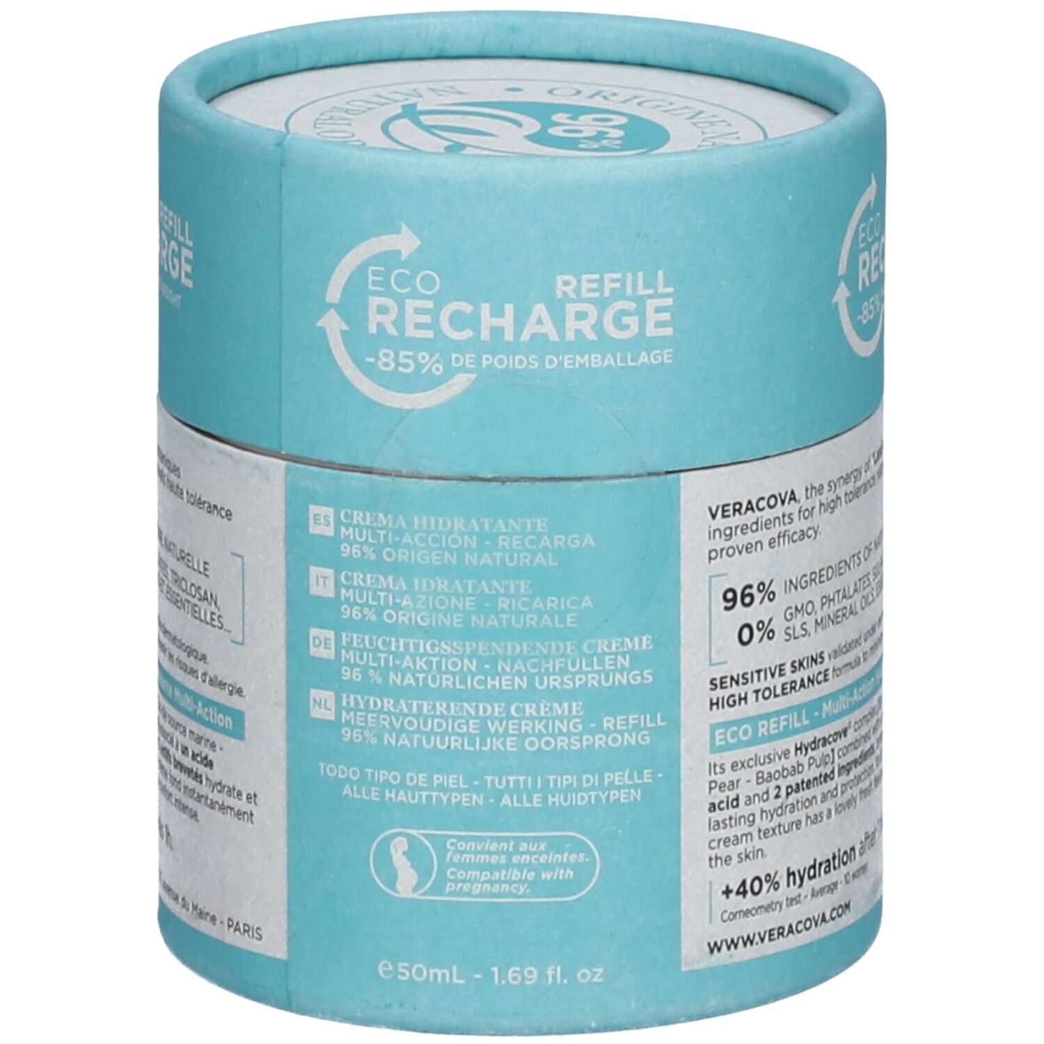 Emballage cylindrique. Texte: Eco Recharge, -85% de poids d'emballage. Texte multilingue: Crème Hydratante, Hydratatiecrème.