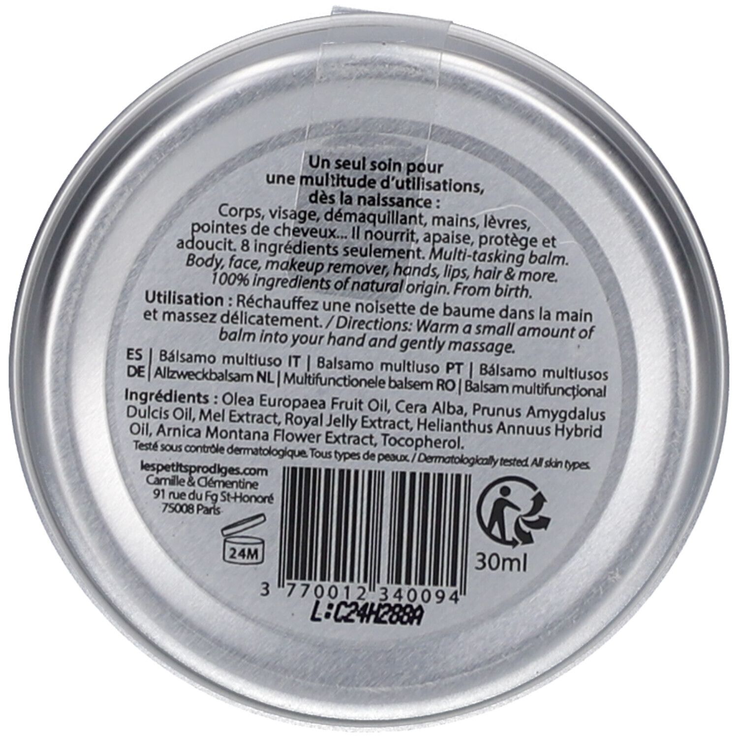 Contenant rond, texte et ingrédients. Texte: 30ml, lespetitsprodiges.com, 24M. Testé dermatologiquement. Ingrédients 100% naturels.