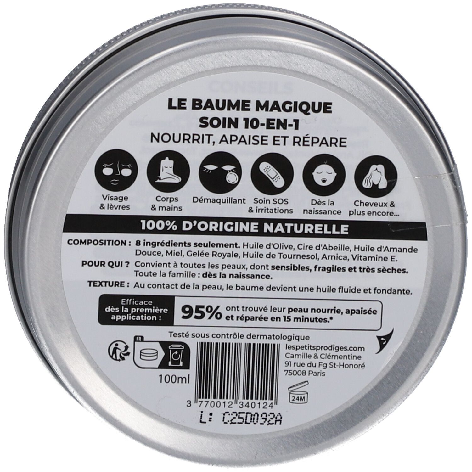 Récipient rond, inscription: Le Baume Magique, 10-EN-1. Icônes visage, corps, démaquillant, SOS, cheveux. 100% d'origine naturelle.