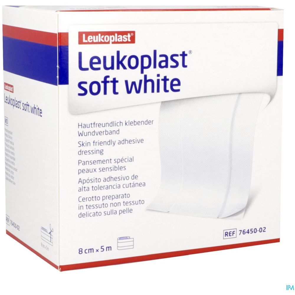 Emballage Leukoplast® soft white. Nom, taille 8 cm x 5 m, texte multilingue.