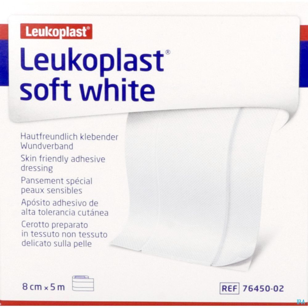 Emballage Leukoplast® soft white. Nom, taille 8 cm x 5 m, texte multilingue.