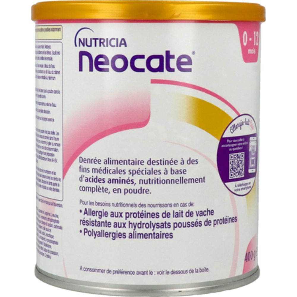 Boîte de Neocate. Inscriptions: Nutricia, Neocate, 0-12 mois. Denrée alimentaire spéciale. 400 g. Avec code QR.
