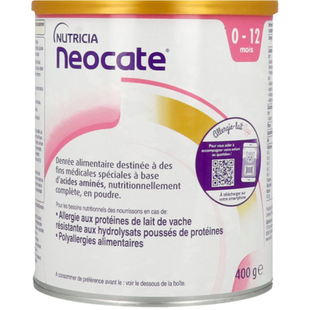 Boîte Neocate. Inscriptions: Nutricia, Neocate, 0-12 mois. Aliment spécial. 400 g. Code QR pour infos allergie.