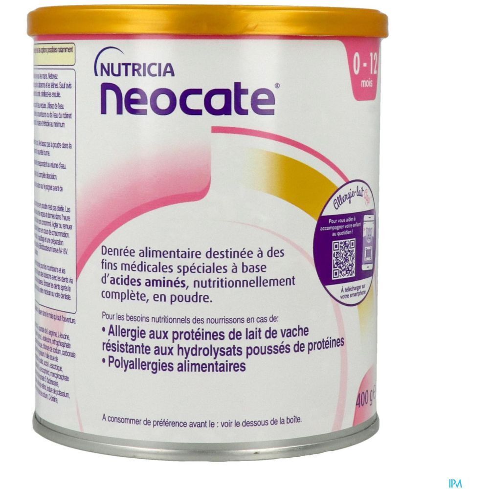 Boîte Neocate. Inscriptions: Nutricia, Neocate, 0-12 mois. Aliment spécial. 400 g. Code QR pour infos allergie.
