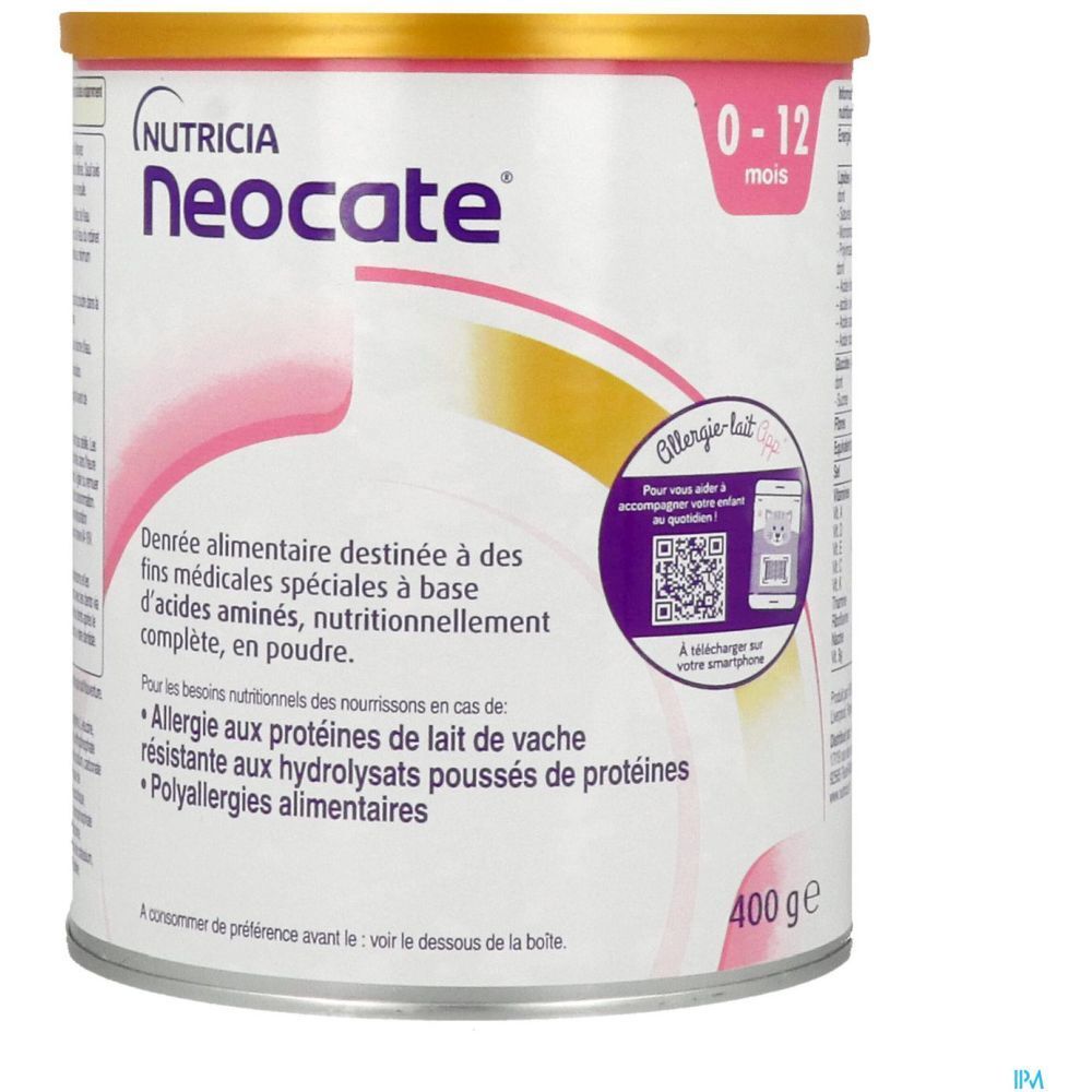 Boîte Neocate. Inscriptions: Nutricia, Neocate, 0-12 mois. Aliment spécial. 400 g. Code QR pour infos allergie.