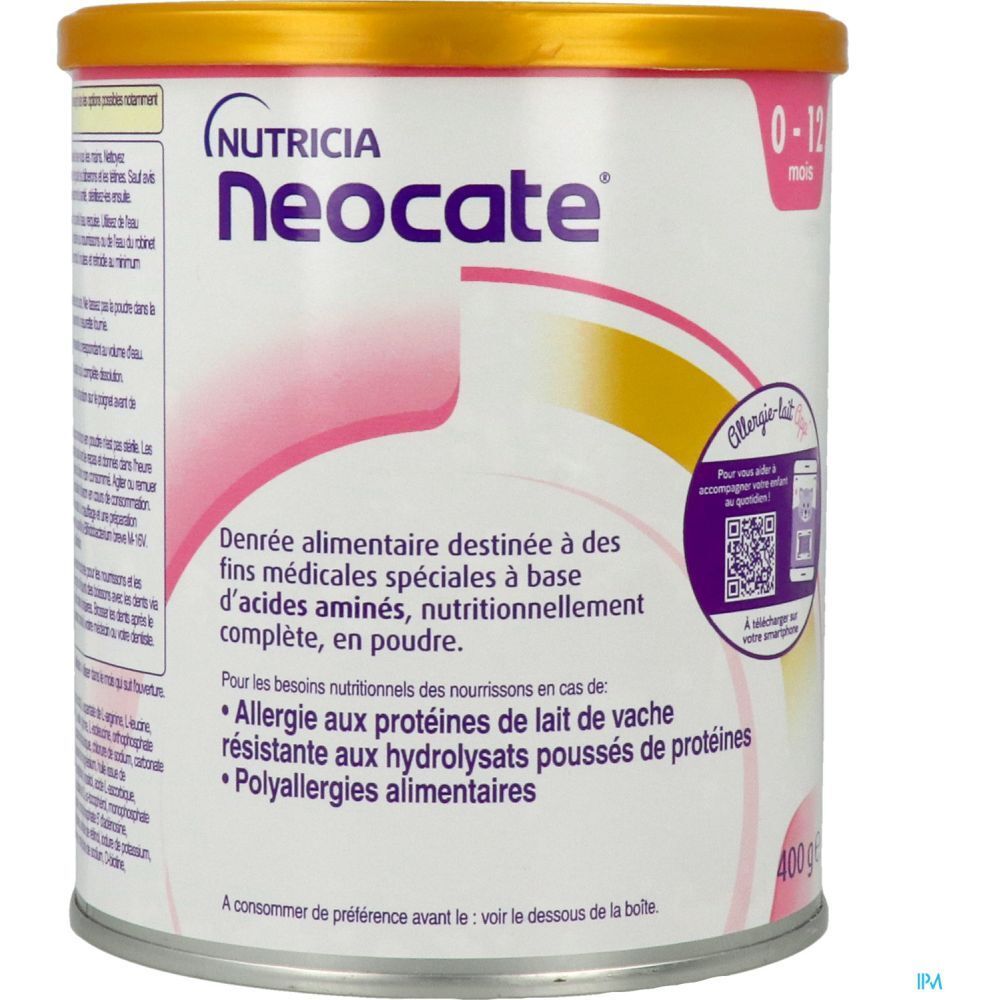 Boîte Neocate. Inscriptions: Nutricia, Neocate, 0-12 mois. Aliment spécial. 400 g. Code QR pour infos allergie.