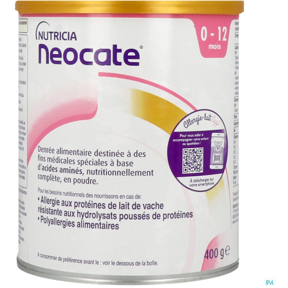 Boîte Neocate. Inscriptions: Nutricia, Neocate, 0-12 mois. Aliment spécial. 400 g. Code QR pour infos allergie.