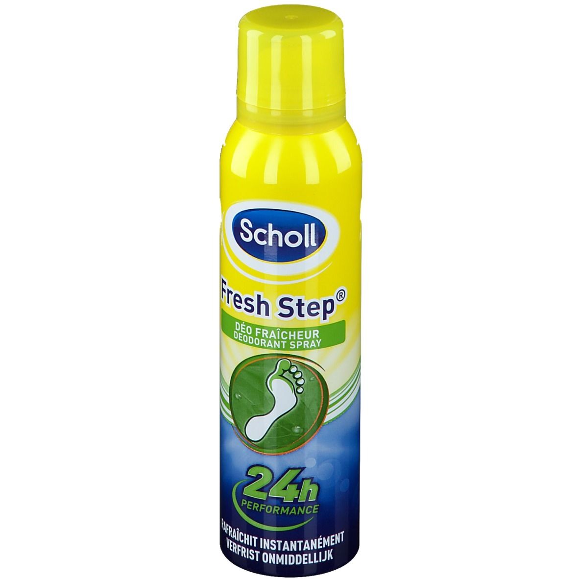 Bombe aérosol jaune avec bouchon jaune. Inscription : Scholl Fresh Step, symbole de pied, 24h Performance.