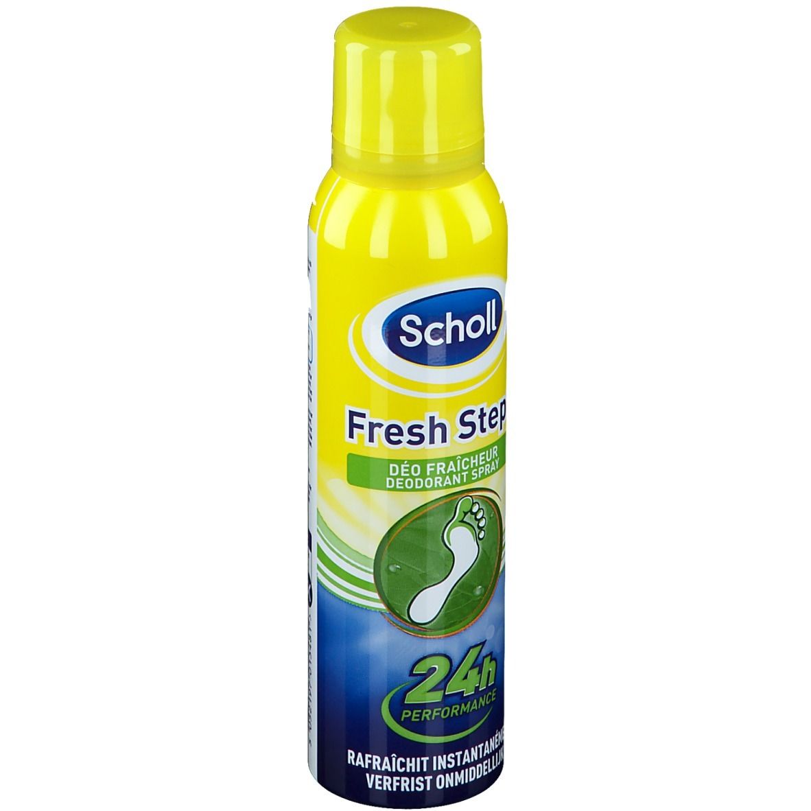 Bombe aérosol jaune avec bouchon jaune. Inscription : Scholl Fresh Step, symbole de pied, 24h Performance.