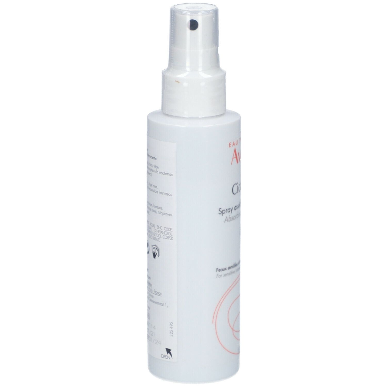 Flacon spray blanc, vue latérale. Textes et logos. Informations fabricant et ingrédients.