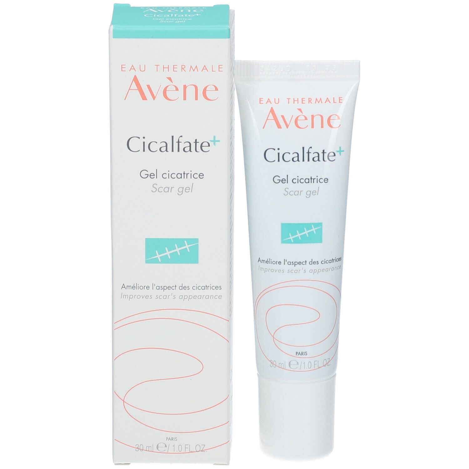 AVENE Cicalfate+ Narbengel et boîte. Blanc avec accents verts. Texte et logo.