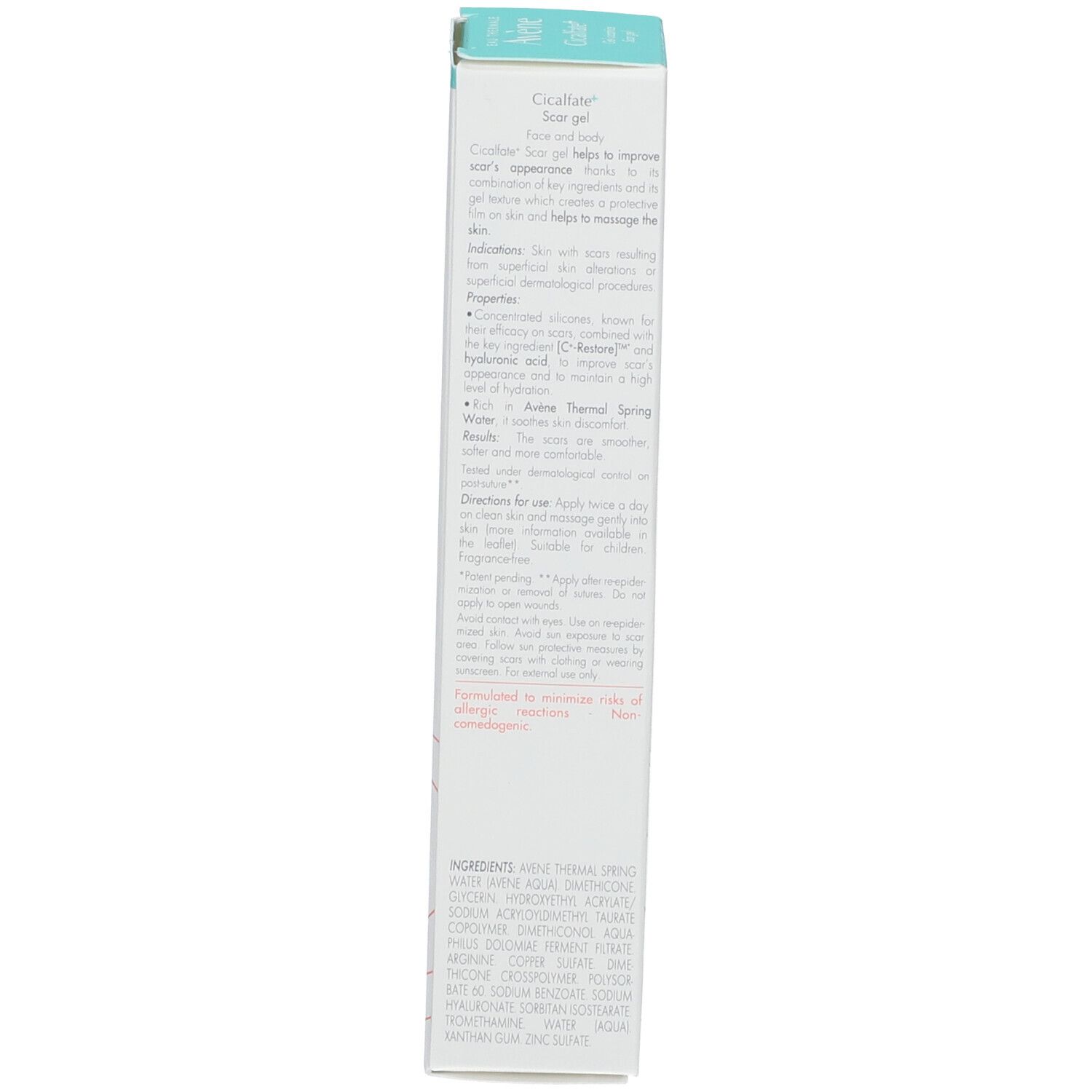 Côté de la boîte AVENE Cicalfate+ Narbengel. Texte et logo. Vert et blanc.