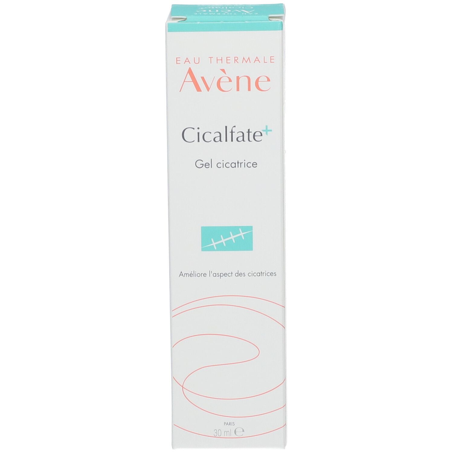 AVENE Cicalfate+ Narbengel en boîte. Blanc avec accents verts. Texte et logo.