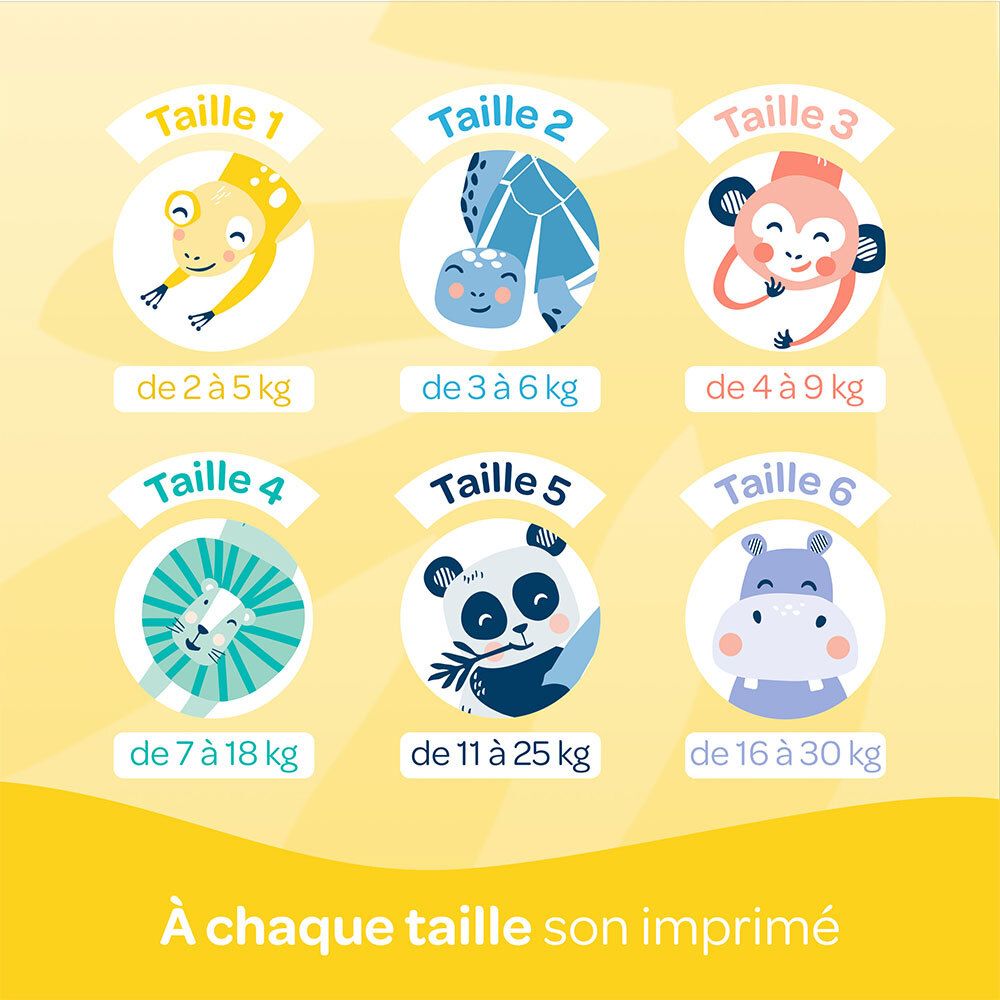 Tableau des tailles des couches Biolane Bio. Tailles 1-6. Poids et illustrations d'animaux.