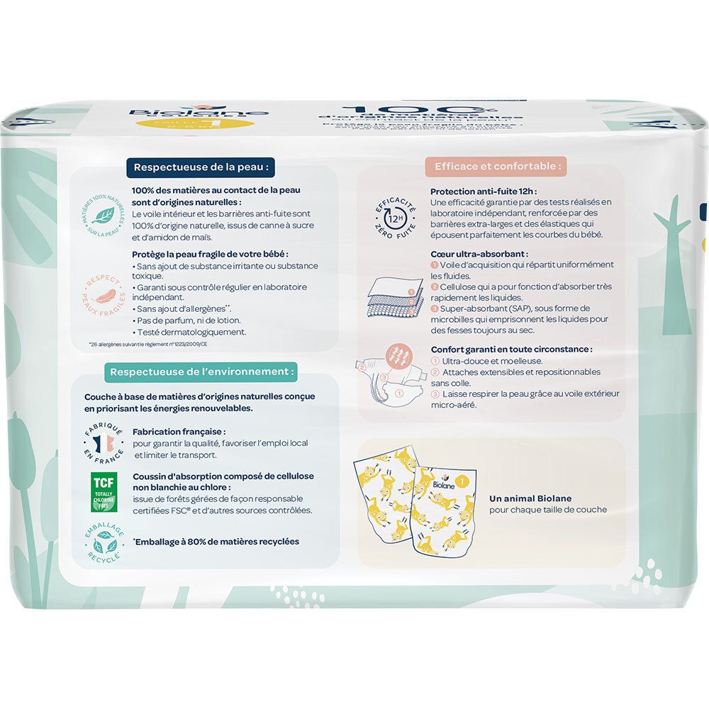 Dos du paquet de couches Biolane Bio. Informations sur les ingrédients et les caractéristiques.