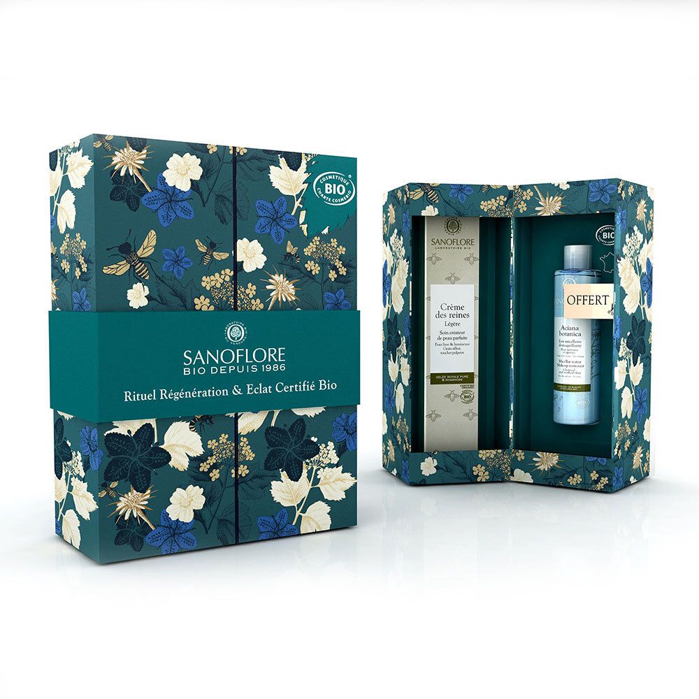 Coffret cadeau floral. Contient deux produits, dont une bouteille et un tube. Certification bio.