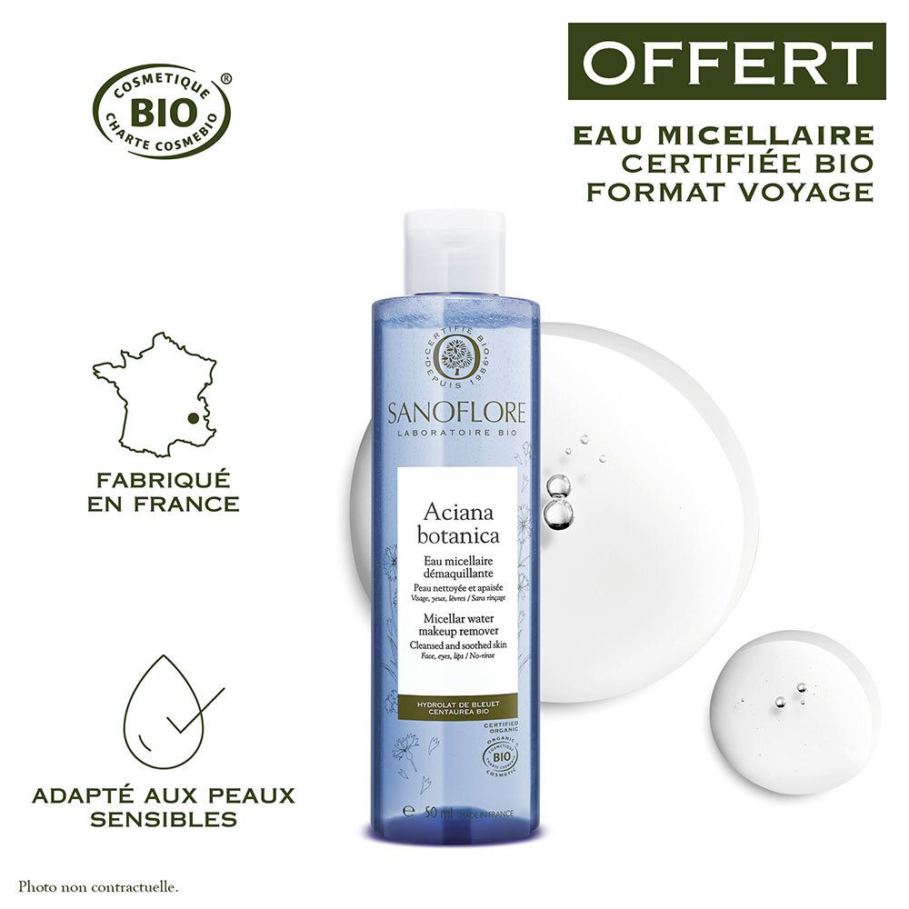 Flacon bleu avec bouchon blanc. 'Eau micellaire' et 'Aciana botanica'. Certification bio. Fabriqué en France.