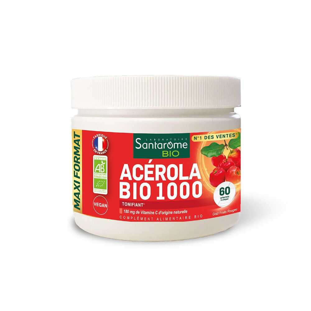 Pot blanc cylindrique, étiquette rouge. Inscription: Acérola Bio 1000, 60 comprimés. Label Vegan.