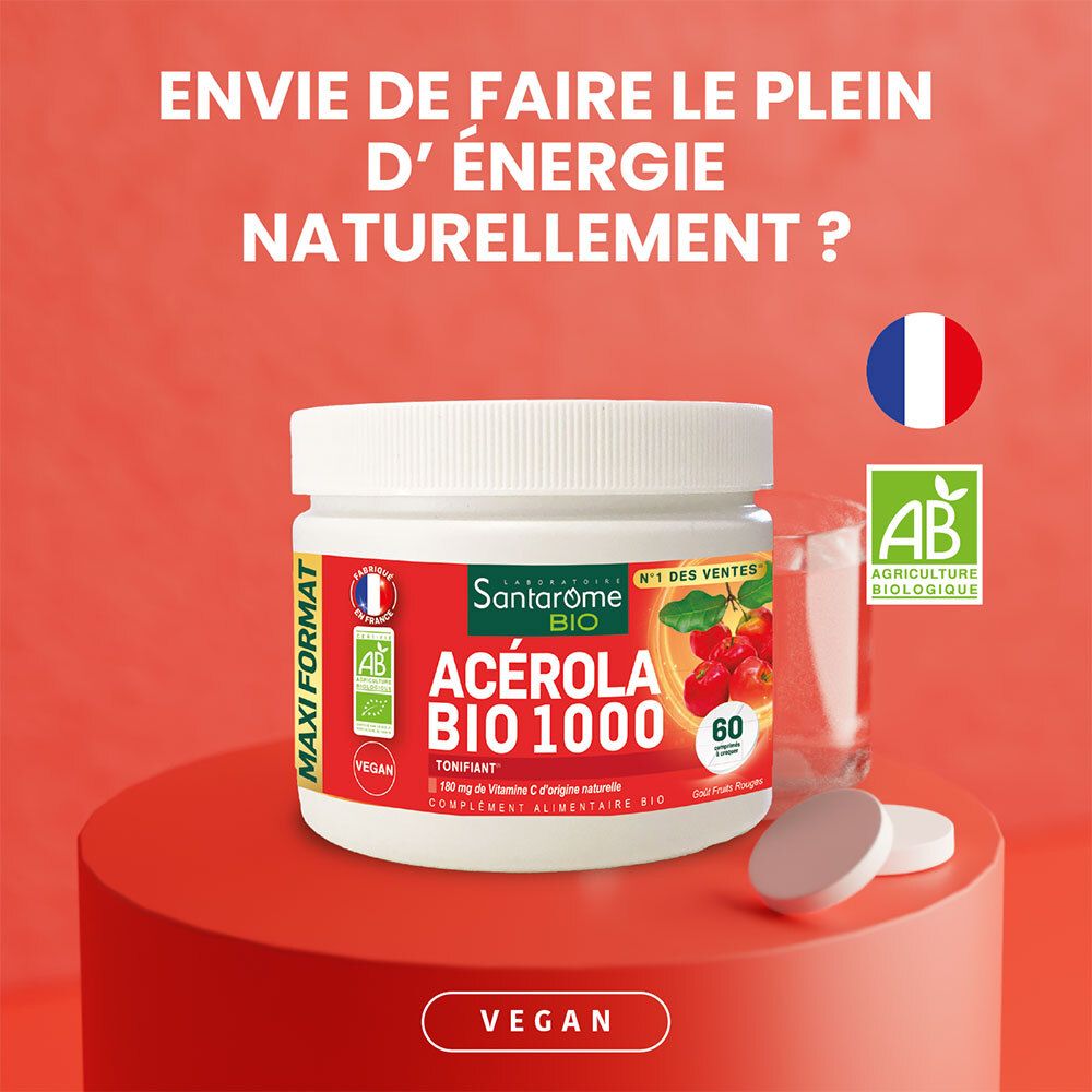 Fond rouge avec produit et texte: Acérola Bio 1000. Drapeau français, label AB, label Vegan.