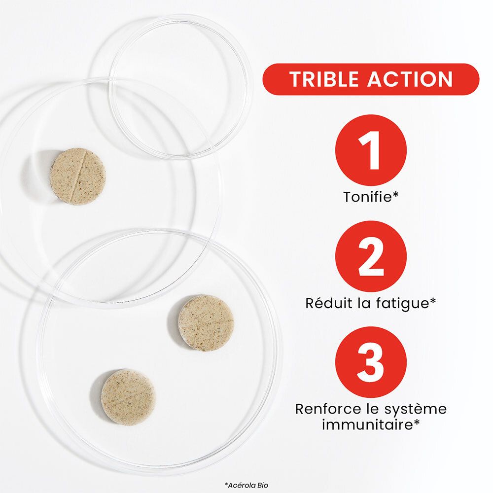 Trois comprimés sur des plaques de verre. Texte: Tonifie, Réduit la fatigue, Renforce le système immunitaire.