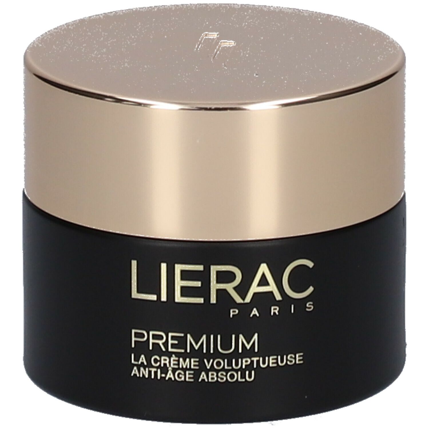 Pot noir avec couvercle doré. Inscription LIERAC PARIS, PREMIUM, LA CRÈME VOLUPTUEUSE ANTI-ÂGE ABSOLU.