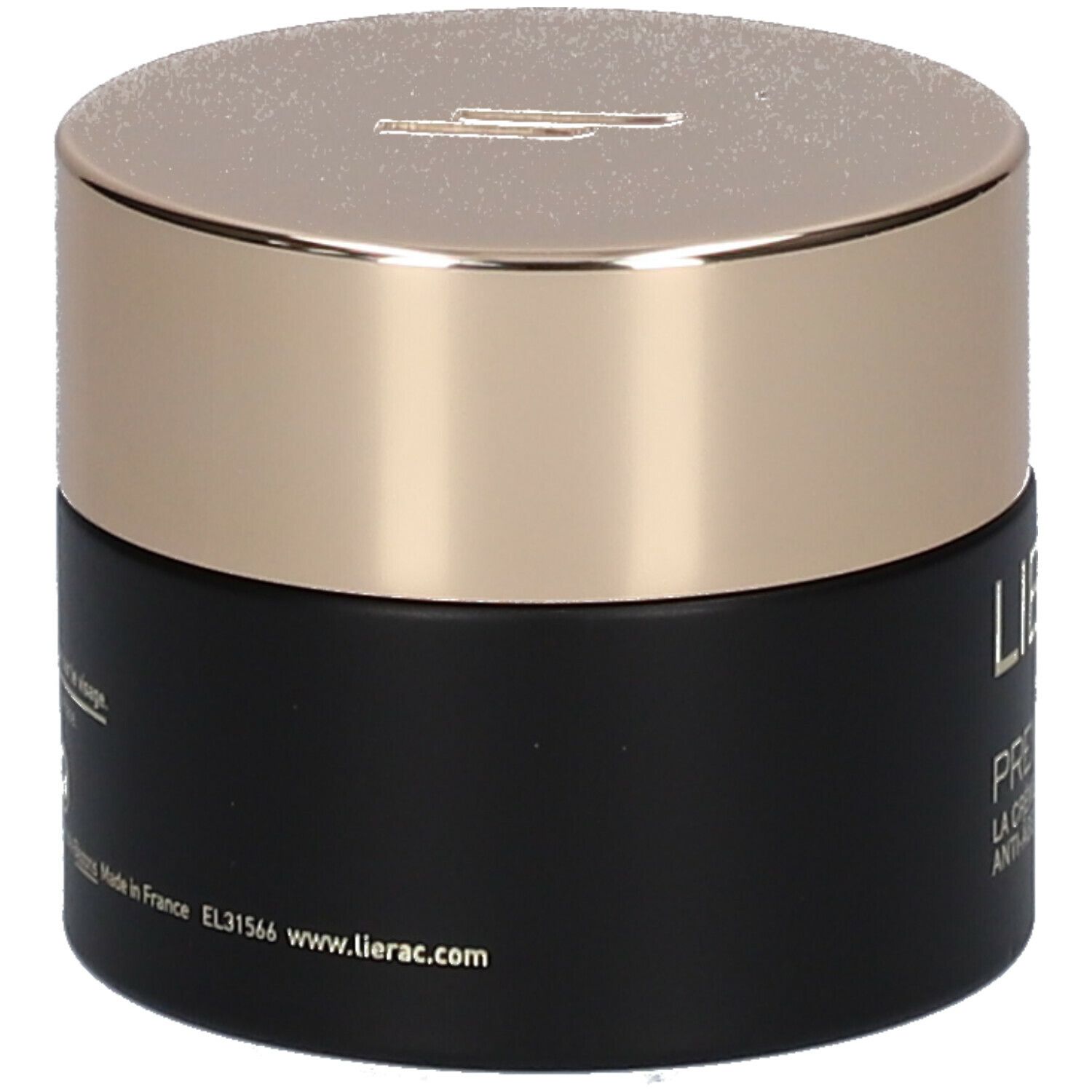 Pot noir avec couvercle doré. Inscription LIERAC PARIS, PREMIUM, LA CRÈME VOLUPTUEUSE ANTI-ÂGE ABSOLU.