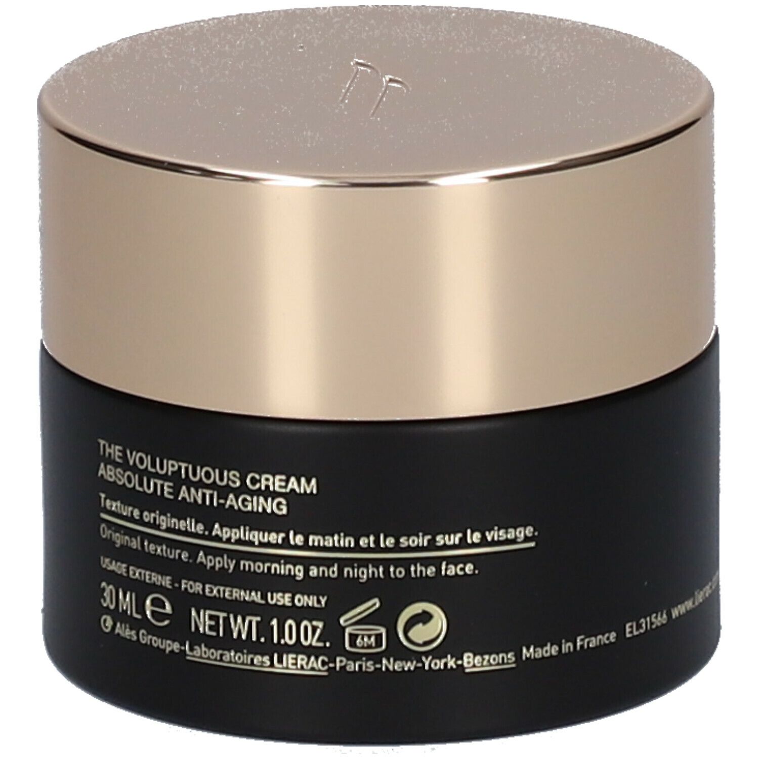 Pot noir avec couvercle doré. Inscription LIERAC PARIS, THE VOLUPTUOUS CREAM ABSOLUTE ANTI-AGING, 30 ml.
