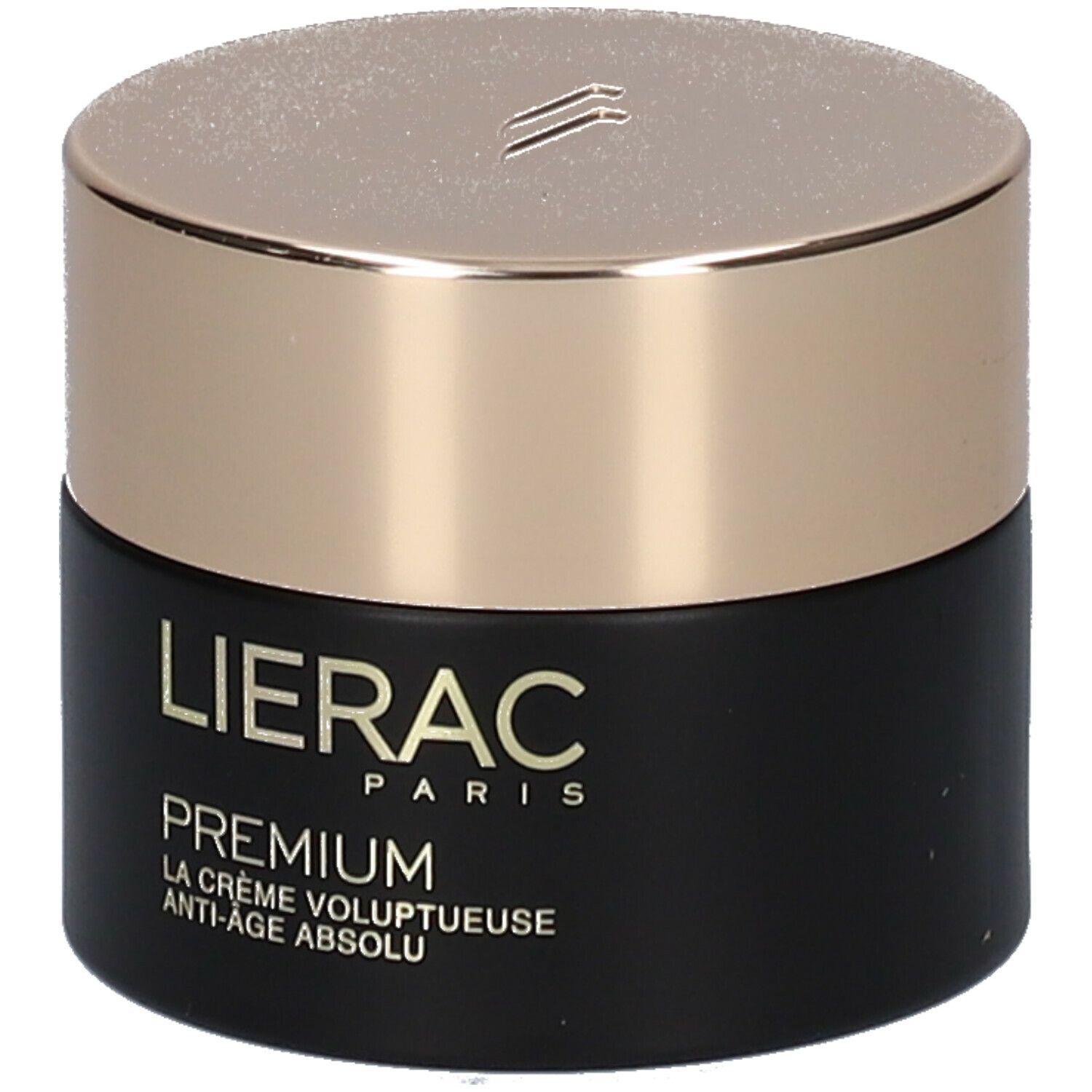 Pot noir avec couvercle doré. Inscription LIERAC PARIS, PREMIUM, LA CRÈME VOLUPTUEUSE ANTI-ÂGE ABSOLU.