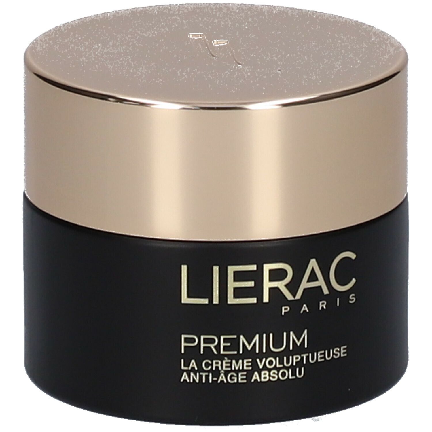Pot noir avec couvercle doré. Inscription LIERAC PARIS, PREMIUM, LA CRÈME VOLUPTUEUSE ANTI-ÂGE ABSOLU.